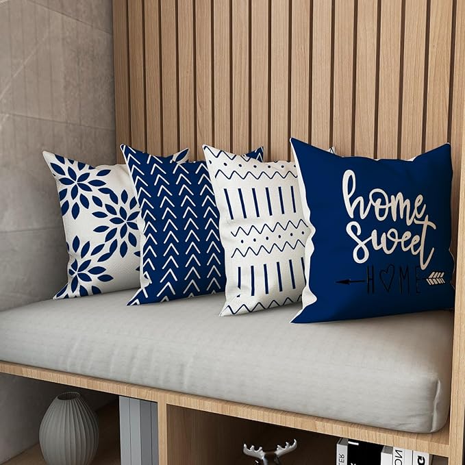 YCOLL Pillow Covers 18x18 Set of 4, Modern Sofa Throw Pillow Cover, Decorative Outdoor Linen Fabric Pillow Case for Chair Sofa Couch Bed Car, Dark Blue