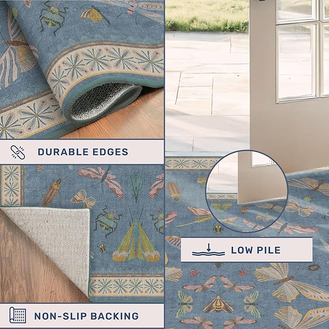 Washable Living Room Rug 8x10, Dusty Blue Area Rugs for Bedroom Under Bed, Dining Room Under Kitchen Table, Kids Room, Playroom, Lage Modern Boho Carpet, Ultra Soft Stain Resistant Colorful Decor