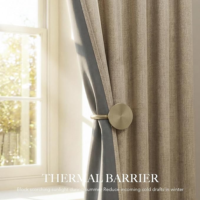 RYB HOME Linen Textured 100% Blackout Curtains for Bedroom, Insulating Energy Saving Window Curtains for Living Room Dining Patio Sliding Glass Door, Wide 52 x Long 96 inch, Burlap, 2 Panels
