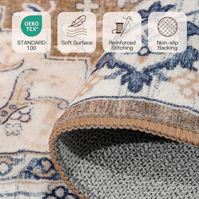 Lofus 10x14 Area Rugs for Living Room, Washable Area Rug, Big Rugs for Bedroom, Kitchen, Vintage Boho Carpet, Soft Non-Slip, Low Pile Large Area Rug for Office Dining Room, Floral Brown