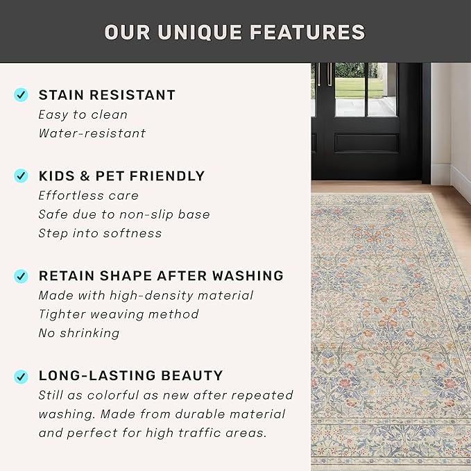 8x10 Washable Rug for Living Room - Stain Resistant Dining Room Rugs for Under Table, Soft Low Pile Large Carpet for Bedroom - Vintage Floral Non-Slip (8x10 Beige Blue)