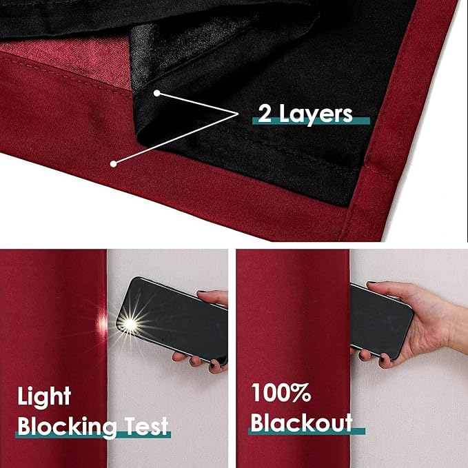 ChrisDowa 100% Blackout Curtains for Bedroom with Black Liner, 2 Thick Layers Total Blackout Thermal Insulated Grommet Window Curtains 2 Panels Set (Burgundy, 52 x 84 Inch)