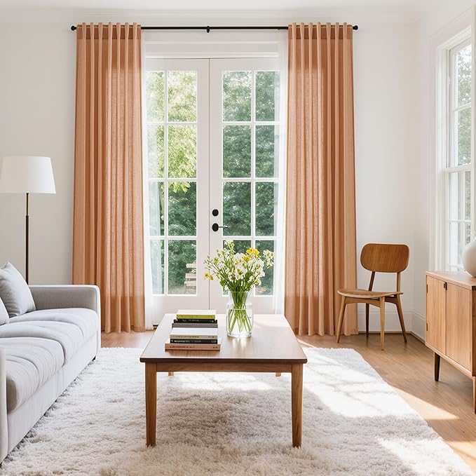 Nanspring Peach Quartz Curtains 84 Inch Long 2 Panels Set Back Tab Rod Pocket Linen Blend Light Filtering Semi Sheer Boho Style Curtain Textured Curtain for Cozy Bedroom and Living Room Decor 52x84