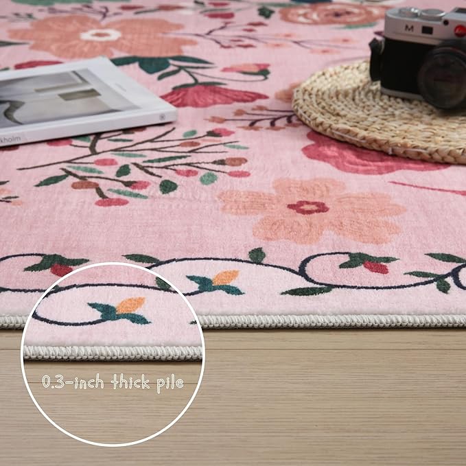 Rugcomf Living Room Rug 5x7 Rug Machine Washable Boho Area Rug Non Slip Floral Vintage Low Pile Large Rugs for Living Room, Bedroom, Farmhouse, Dining Room, Kids Playroom(Pink)
