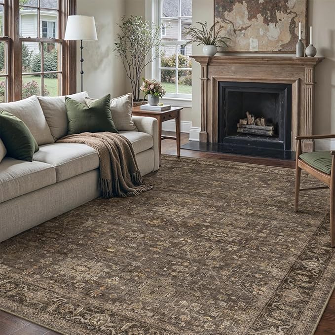 10x12 Washable Area Rug for Living Room Bedroom Vintage Brown Non Slip Carpet Traditional Retro Soft Low Pile Large Throw Rug for Dining Room Kitchen Office Indoor