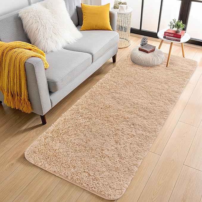 OLANLY 3x9 Machine Washable Runner Rugs for Hallway, Soft Fluffy Shaggy Bedside Rugs for Bedroom, Living Room, Indoor Floor Carpet for Kids Girls and Boys, Nursery Rooms, Home Decor Aesthetic, Beige