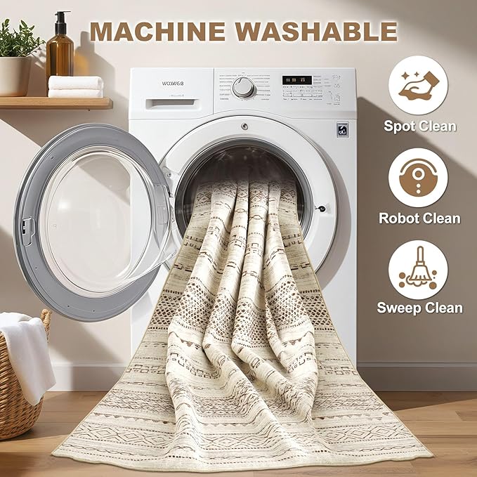 Nakagishi 5x8 Area Rug Living Room: Washable Boho Large Neutral Modern Soft Farmhouse Rugs Stain Resistant Indoor Floor Non-Slip Carpet for Bedroom Nursery Kids Playroom Office Dining Room- Brown