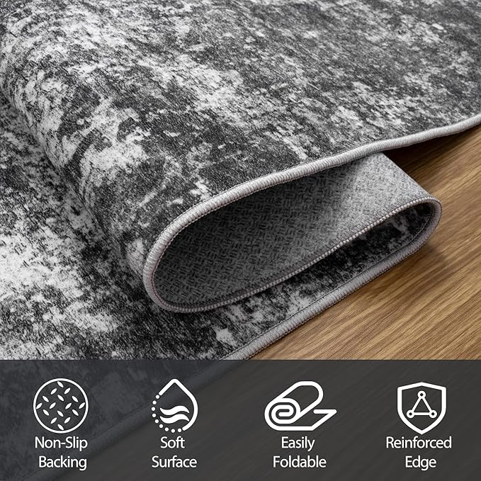 10x14 Area Rugs for Living Room Rug Washable: Abstract Large Rug Indoor Modern Carpet Non Slip for Dining Room Bedroom Nursery Home Office Black Grey