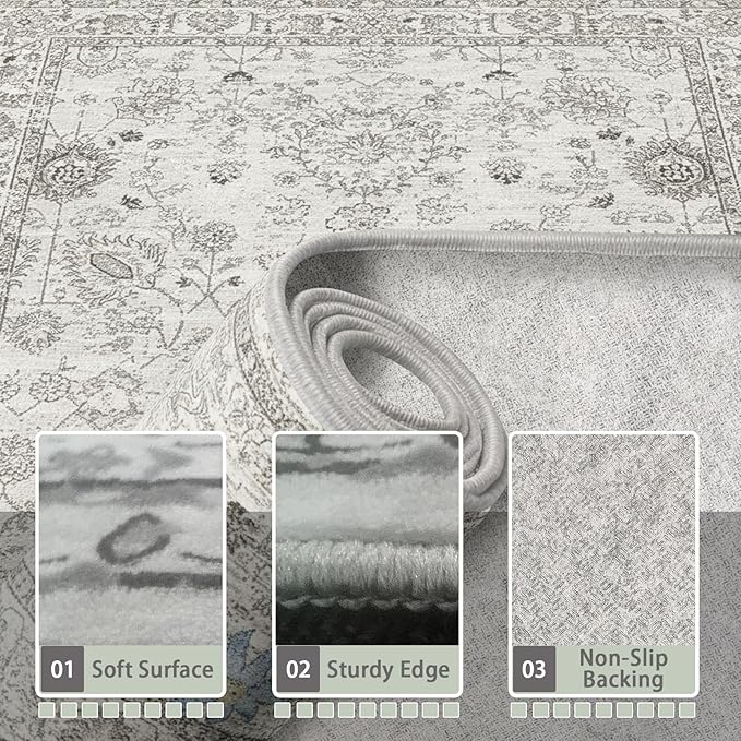 Grey White Area Rugs 5x8 for Living Room Bedroom, Non-Slip Washable Rugs Stain Resistant Boho Rug Low Pile Rug for ‎Dining Room Office (5 x8, Grey White)