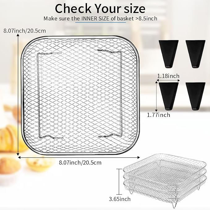 3 Tiers Air Fryer Mesh Baskets, 8×8×1.7 Inch Stackable Square Stainless Steel - Image 2