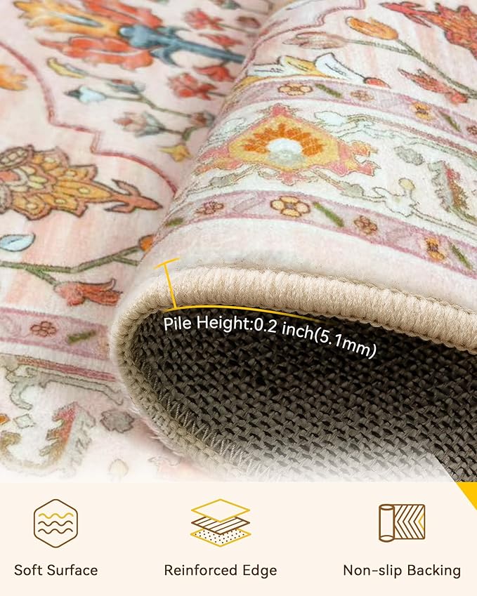 RELEANY Area Rugs Square 10ft Washable Non-Slip, Floral Vintage Distress Print Pattern Medallion Carpet for Living Room Bedroom Dining Room, Light Pink Colorful