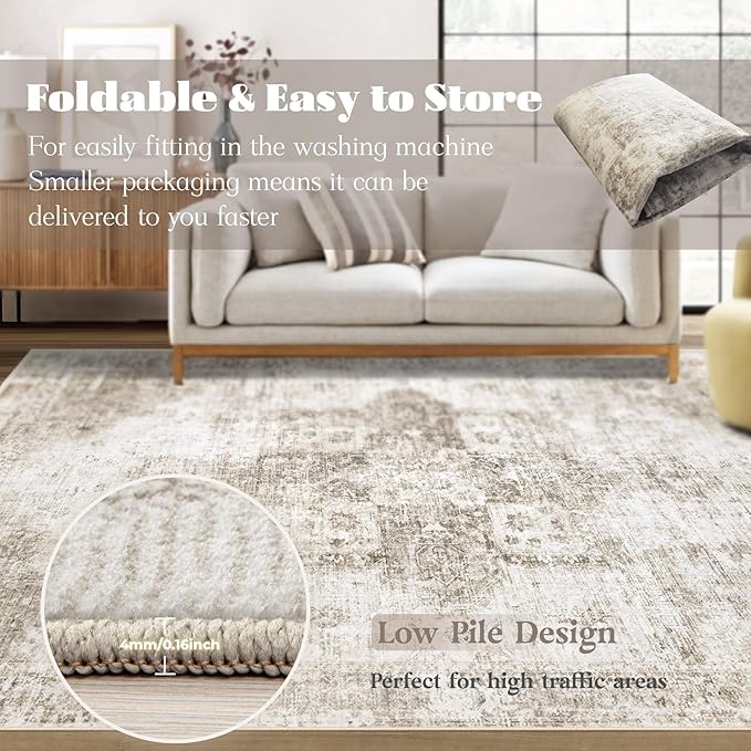 Area Rug 3x5 Washable Rug, Vintage Boho Medallion Entryway Rug Non-Slip Soft Low Pile Small Distressed Floor Carpet Retro Doormat for Kitchen Bedroom Laundry Bathroom Hallway (Taupe, 3'x5')