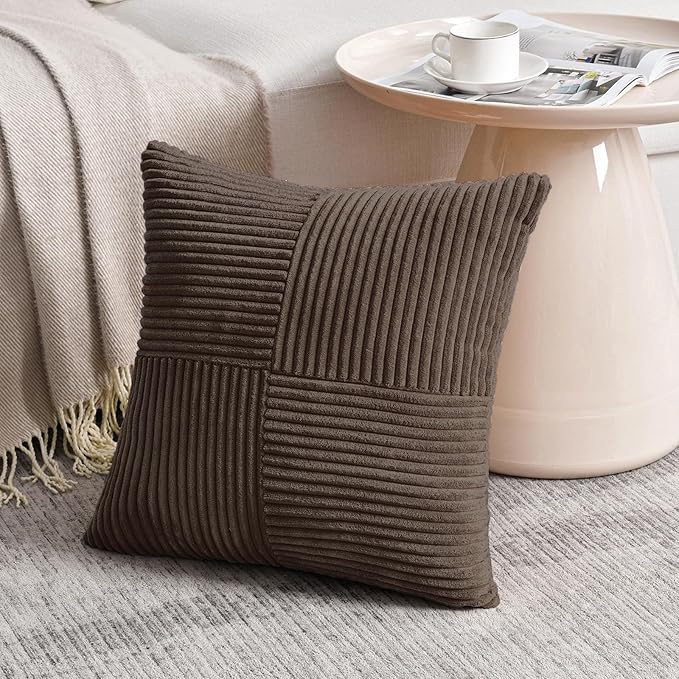 Fancy Homi 2 Packs Dark Brown Euro Decorative Throw Pillow Covers 26x26 Inch for Couch Bed, Rustic Farmhouse Boho Home Decor, Soft Corss Corduroy Patchwork Textured Square Cushion Case 66x66 cm