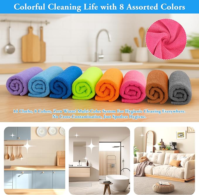 lucdnc Microfiber Cleaning Cloths 16 Pack 8 Color Cleaning Rags - Image 2