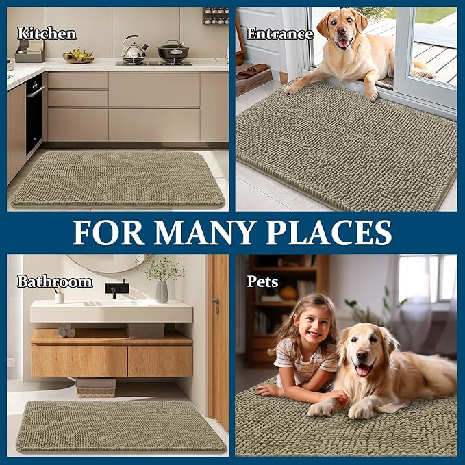 OLANLY Dog Door Mat for Muddy Paws 34x21, Absorbs Moisture and Dirt, Absorbent Non-Slip Washable Doormat, Quick Dry Chenille Mud Mat, Entry Indoor Entryway Carpet for Inside Floor, Warm Taupe