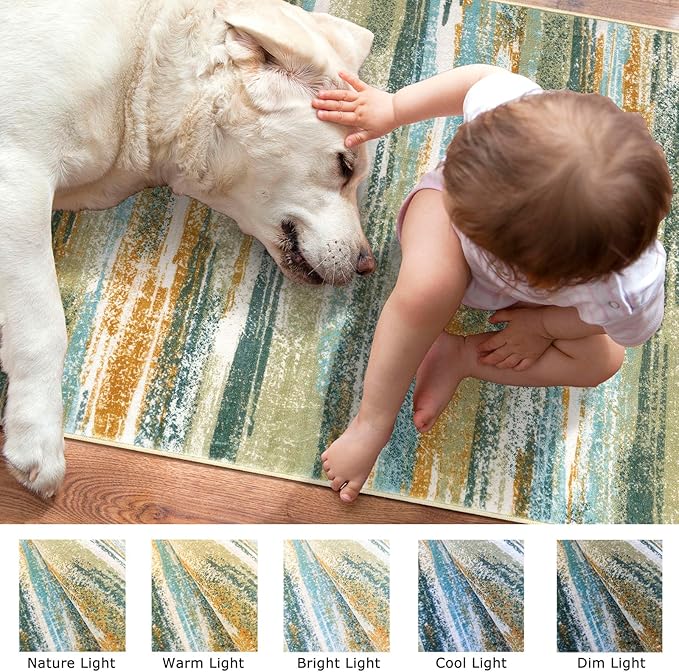 Lansny Modern Abstract 4x6 Living Room Washable Rug Non-Slip Soft Bedroom Area Rug Green Mustard Multi Thin Print Faux Wool Floor Carpet Throw Rugs for Nursery Playroom Dining Room Indoor Office