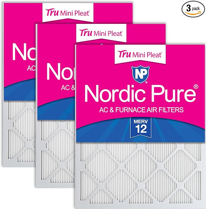 Nordic Pure 25x25x1 Tru Mini Pleat MERV 12 AC Furnace Air Filters 3 Pack | by NordicPure