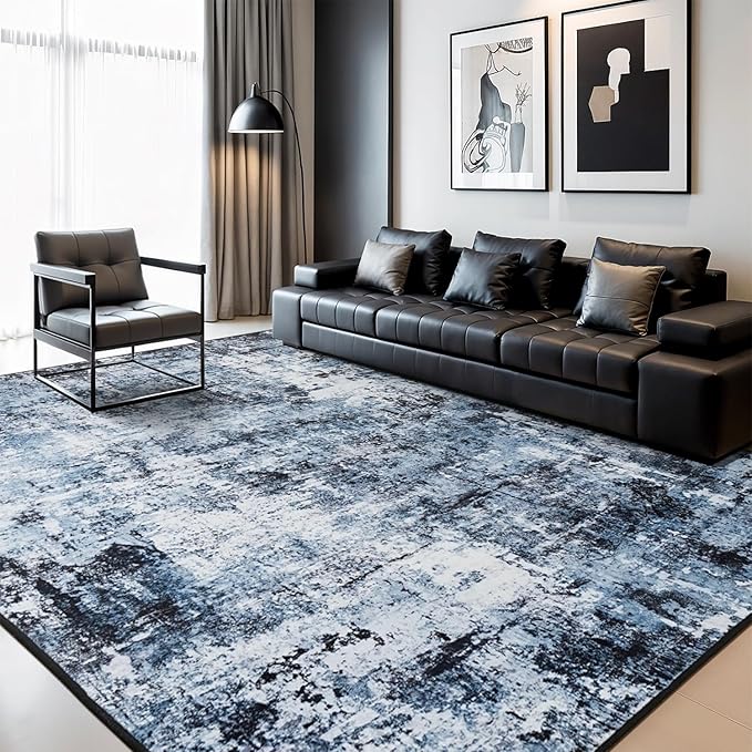Rugflix 10x14 Area Rugs for Living Room, Washable Large Rug Stain-Resistant Low Pile, Modern Dark Carpet for Dining Room Home Office Kid Room Nursery Bedroom, Navy Blue/Black