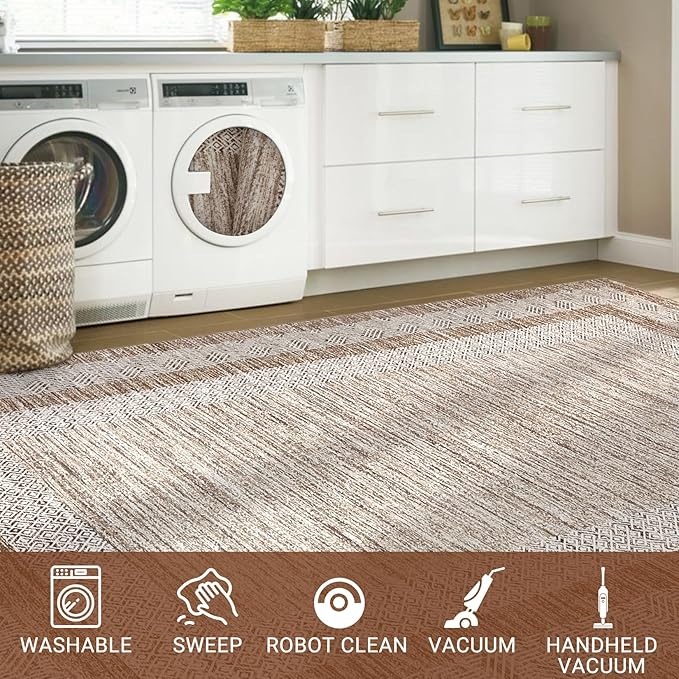 GarveeHome 2x6 Modern Bordered Runner Rug Soft Non Slip Runner Washable Non Shedding Floor Carpet, Distressed Geometric Hallway Runner, Indoor Printed Runner for Kitchen, Entrance, Brown