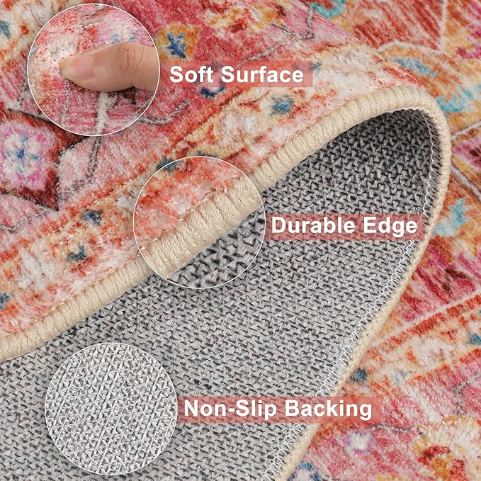Yamaziot Washable Area Rug for Bedroom, 3x5 Non-Slip Boho Vintage Living Room Rug with Rubber Backing, Low Pile Faux Wool Soft Distressed Rug Floor Carpet for Living Room, Laundry, Kid Playroom