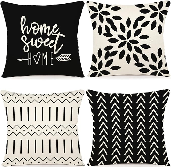 YCOLL Pillow Covers 18x18 Set of 4, Modern Sofa Throw Pillow Cover, Decorative Outdoor Linen Fabric Pillow Case for Couch Bed Car, Black