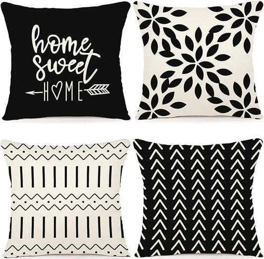 YCOLL Pillow Covers 18x18 Set of 4, Modern Sofa Throw Pillow Cover, Decorative Outdoor Linen Fabric Pillow Case for Couch Bed Car, Black