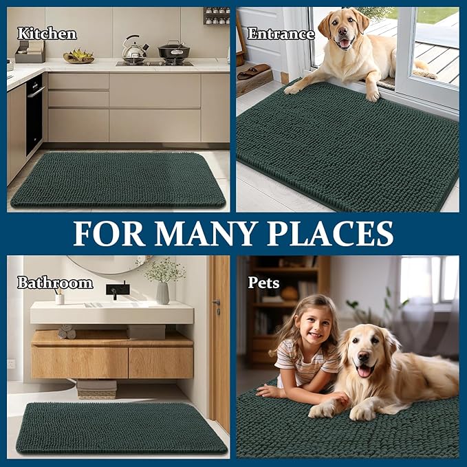 OLANLY Dog Door Mat for Muddy Paws 59x32, Absorbs Moisture and Dirt, Absorbent Non-Slip Washable Doormat, Quick Dry Chenille Mud Mat, Entry Indoor Entryway Carpet for Inside Floor, Blackish Green