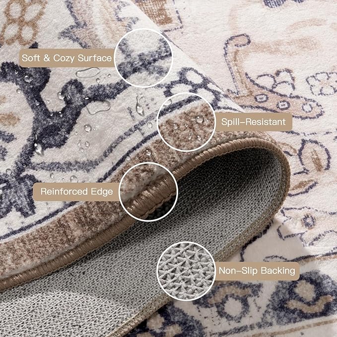 Lofus 8x10 Area Rugs for Living Room, Washable Area Rug, Rugs for Bedroom, Kitchen, Vintage Boho Carpet, Soft Non-Slip, Low Pile Large Area Rug for Office Dining Room, Floral Brown