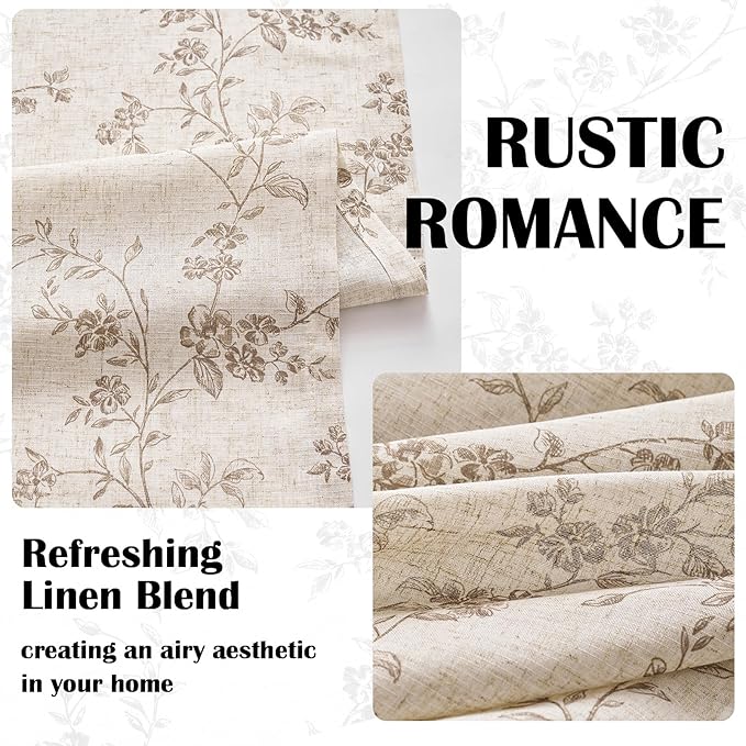 Lazzzy 90 Inch Curtain for Living Room Taupe Floral Drapes Linen for Bedroom Dining Room Farmhouse Vintage Light Filtering Curtains Rod Pocket Back Tab, 2 Panels Set, Taupe on Beige