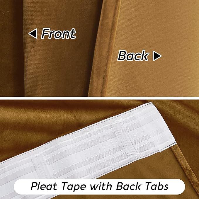 RYB HOME Gold Brown Velvet Curtains 72 inches with Hook Belt, Soft Fabric Room Darkening Thermal Insulated Luxurious Home Decor Curtains for Living Room Bedroom, W 42" x L 72", 2 Panels Set