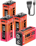 HW 9 Volt Batteries 4 Pack, 1400mAh Rechargeable Lithium Battery 9V by HW