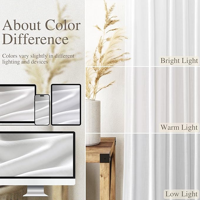 Nanspring White Extra Long Curtains 2 Panels Set 116 Inches Long for Dinning Room Back Tab Rod Pocket Light Filtering Semi Sheer Drapes Linen Textured Window Curtain for Bedroom 52x116