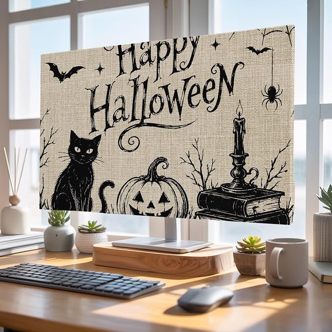 Happy Halloween Black Cat Smile Pumpkins Indoor TV Cover, Elastic TV Screen by Unknown