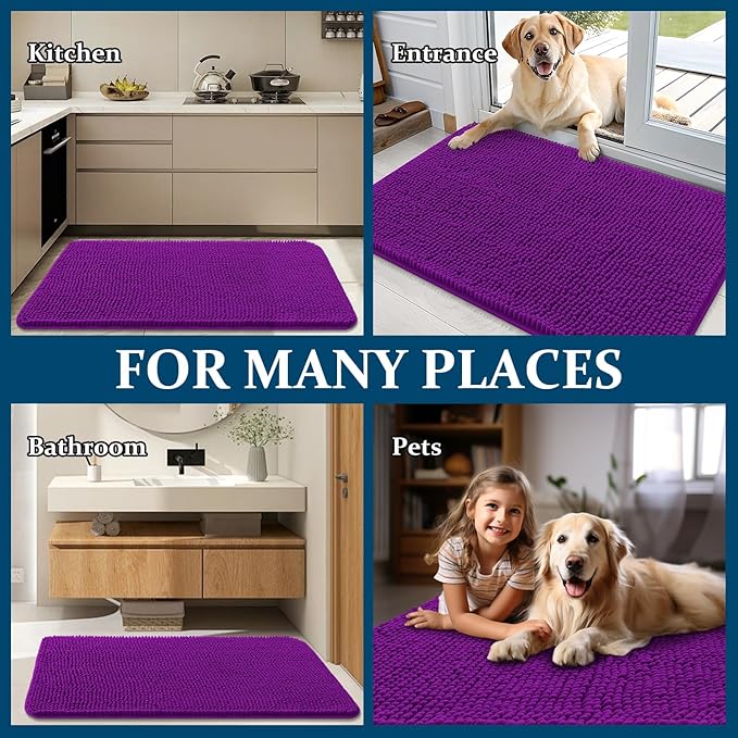 OLANLY Dog Door Mat for Muddy Paws 54x24, Absorbs Moisture and Dirt, Absorbent Non-Slip Washable Doormat, Quick Dry Chenille Mud Mat for Dogs, Entry Indoor Entryway Carpet for Inside Floor, Purple