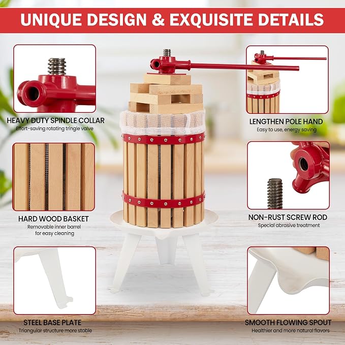 CAELUM Fruit Wine Press, 3.2 Gallon Wood Fruit and Cider Press Squeezer - Image 4