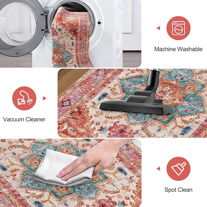 Yamaziot Washable Runner Rug, 2x8 Non-Slip Boho Vintage Hallway Rug Runner with Rubber Backing, Stain Resistant & Low Pile Faux Wool Distressed Carpet Runner for Bedroom, Kitchen, Laundry, Entrance