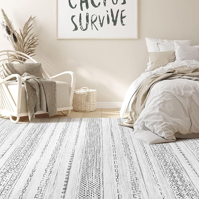 Nakagishi Area Rug Living Room Rugs: 3x5 Soft Machine Washable Boho Neutral Farmhouse Stain Resistant Moroccan Indoor Floor Carpet for Bedroom Nursery Kids Entryway Kitchen Entry Bedside Home- Grey