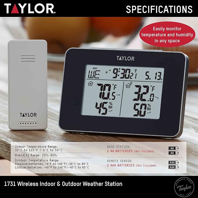 Taylor Wireless Digital Indoor Outdoor Thermometer and Hygrometer, Weather - Image 4