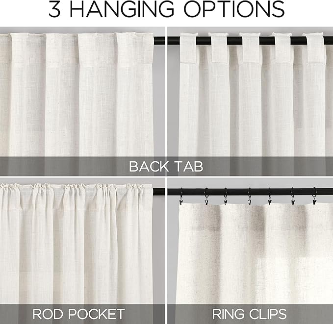 Beige White Linen Curtains 108 Inches Long for Living Room Bedroom 2 Panels Set Extra Long Back Tab Curtain Light Filtering Semi Sheer Drapes Floor to Ceiling Curtains for Large Windows 52x108