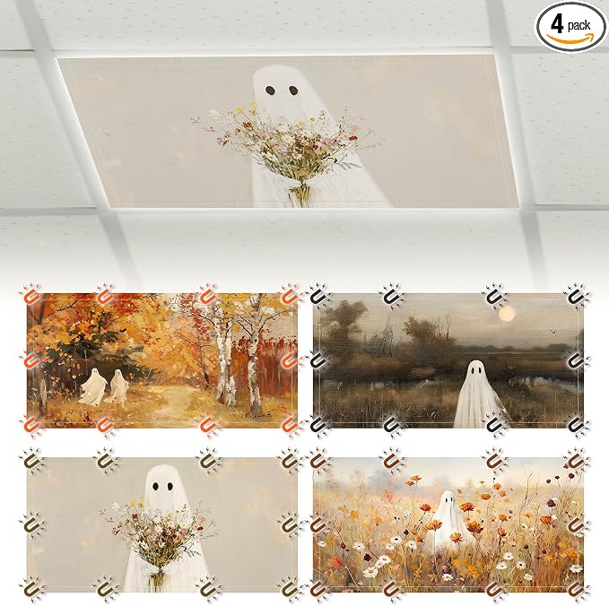 Glooglitter 4 Pcs Halloween Ghost Fluorescent Light Covers 4 x 2 ft Fall by Glooglitter