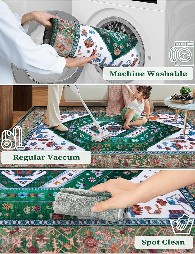 SERISSA Runner Rug for Hallways, 2'6"x8' Washable Non Slip Kitchen Runner Rug, Long Boho Rug Vintage Green White Hallway Stair Ultra Soft Print Floor Carpet for Bedroom Bathroom Laundry Room