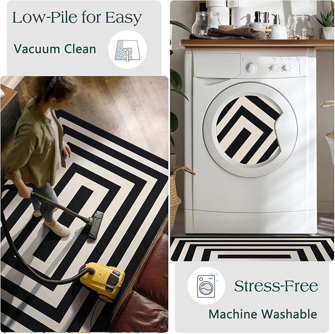 3x5 Modern Entry Rug - Small Washable Indoor Outdoor Mats for Front Door Non-Slip Porch Rug Black White Geometric Striped Throw Rugs for Living Room Bedroom Entryway Kitchen Office Porch Decor