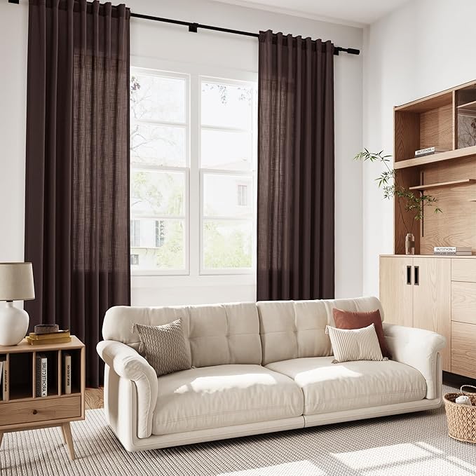 Coffee Brown Linen 112 Inch Curtains for Living Room Light Filtering Semi Sheer Curtain Back Tab Modern Rustic Home Decor Neutral Drapes Floor to Ceiling High Window for Bedroom 52x112, 2 Panels