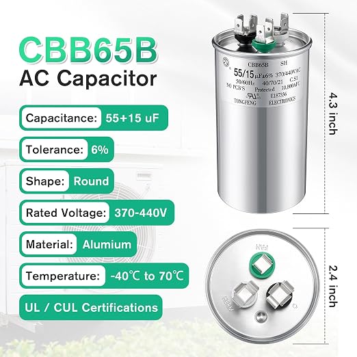 55+15 uF±6% 370/440V CBB65 Dual Run Round Capacitor - Image 2