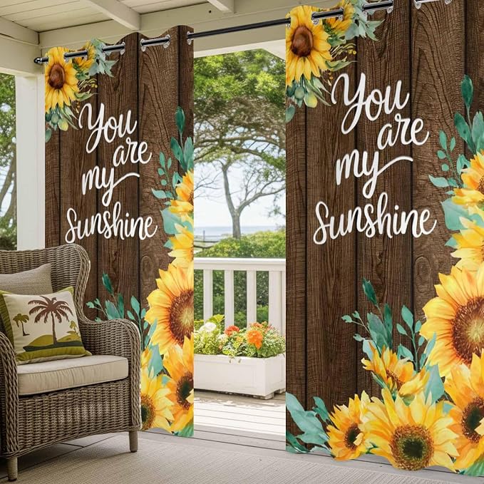 Summer Outdoor Curtains for Patio Sunflowers Eucalyptus Leaves Wood Waterproof - Image 5