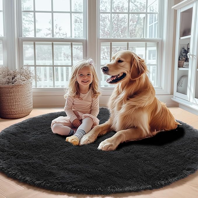 ONASAR Black Round Rugs 7ft for Living Room, Fluffy Bedroom Circle Area Rug, Soft Plush Shaggy Carpet for Kids Girls Boys Teen Nursery Dorm Classroom Playroom Home Decor Aesthetic