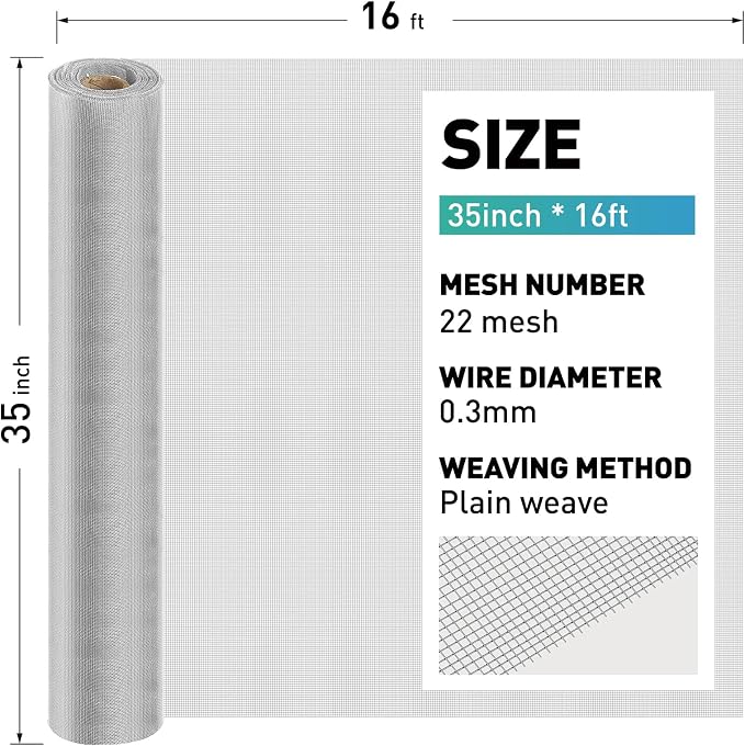 304 Stainless Steel Mesh Window Screen Roll, 35IN x 16FT Silver Metal Window - Image 3