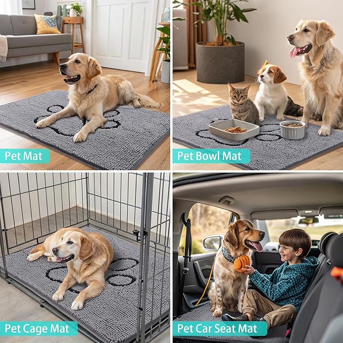 Smiry Dog Door Mat for Muddy Paws, Absorbent Dirt Trapper Non Slip Quick Dry Washable Chenille Mat for Mud Dogs, Entry Rug for Indoor and Outdoor (44x24 Inches, Grey and Black)