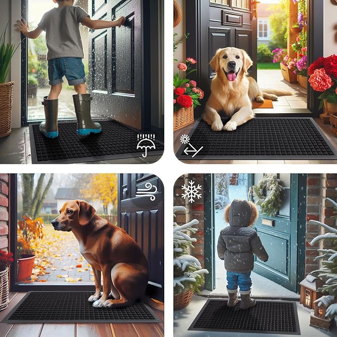 Smiry Front Door Mat Outside Entrance, Heavy Duty Natural Rubber Doormat, Non Slip, Trap Dirt and Moisture, Easy Clean, Low Profile Welcome Floor Mats for Indoor Outdoor Entry, 59x23 Inch, Black
