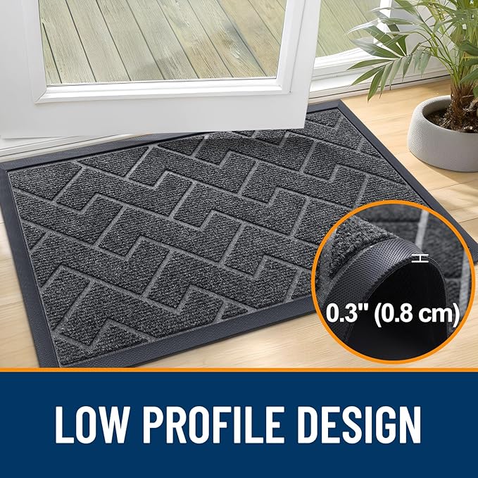OLANLY Front Door Mat Indoor Outdoor Entrance, Waterproof All-Season, All-Weather Doormat, Sturdy Natural Rubber, Low Profile, Easy Clean Patio Porch Entryway Mat, Herringbone Brick (Grey, 36x24)